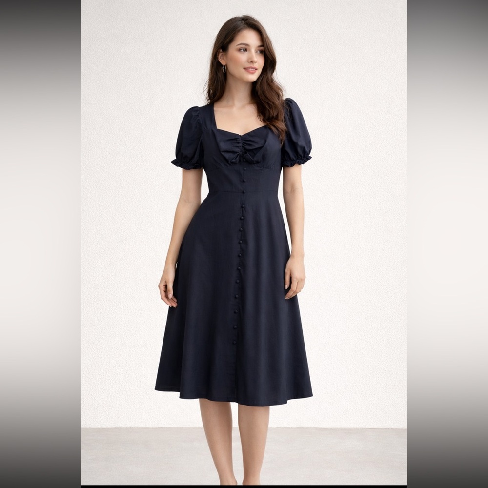 Belle Poque Black Dress Size M Smocked Back Decorative Button Puffed Sleeves